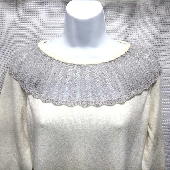 ROMANTIC Vintage Inspired Ivory SWEATER w Silver Metallic Mesh Collar Pearl L - Picture 3 of 10